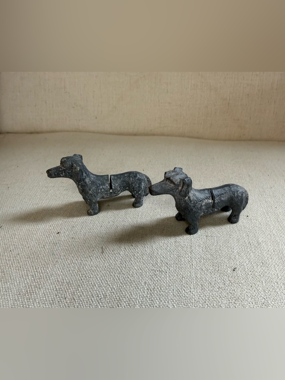 Vintage Articulated Pewter Dog Figurines Pair Jointed Miniature Dogs